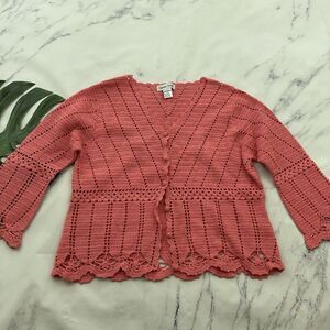 Chelsea Studio Womens Vintage Y2k Cardigan Sweater Size L Coral Pink Crochet